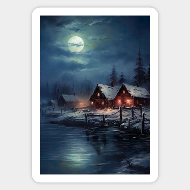 Beautiful Landscape of winter lake in mountain valley - cozy nights in blue skies Sticker by UmagineArts